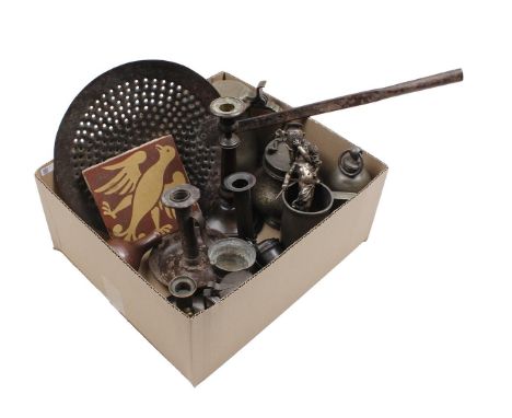 Box of various items including 19th century pewter, bronze candlesticks, earthenware tile and vase