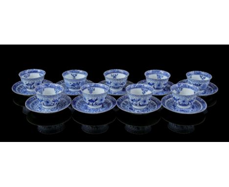 9 porcelain cups and saucers with blue carp and bass decoration, Kangxi marked, China 19th century (chips, 2 cups with 1 hair