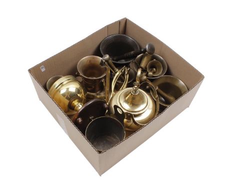 Box of various copper items including mortars and pestles, pipe stove on wooden base, etc.