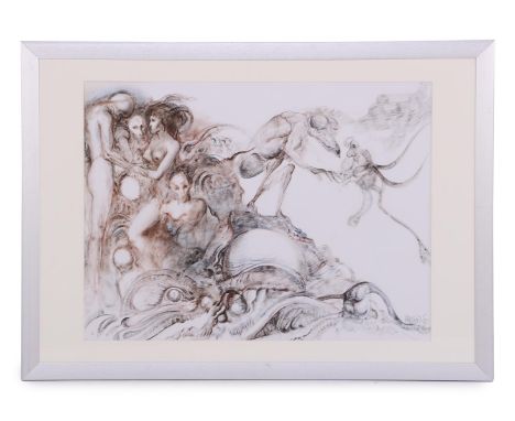 Victor Linford (1940-2002)Surrealistic scene with many figures, color lithograph dated 1987, 60x80 cm, outer size is 78x108 c