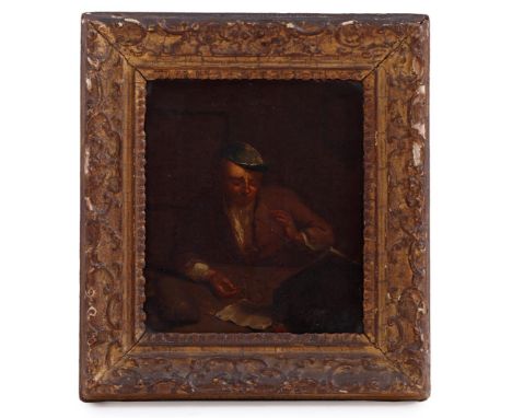 Anonymous, man with scales in hand and document with coins on the table, canvas 21x19 cm