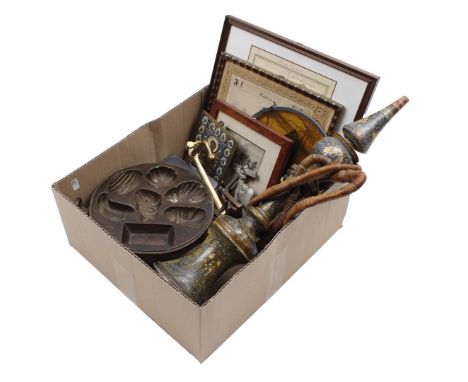 Various box including old water pipe, poffertjes pan "Evenveeltjes", travel icon after an antique example, Murano ashtray and