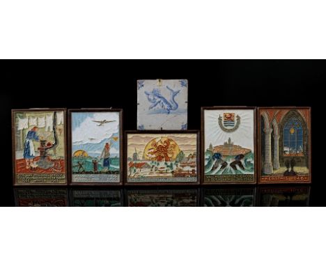 Delft blue tile with decor of sea creatures, Holland 17th century (damage) and Porceleyne Fles cloisonné tiles with polychrom