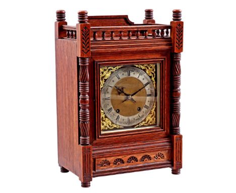 Table clock in oak cabinet with stitchwork, 41 cm high, 27 cm wide, 17 cm deep