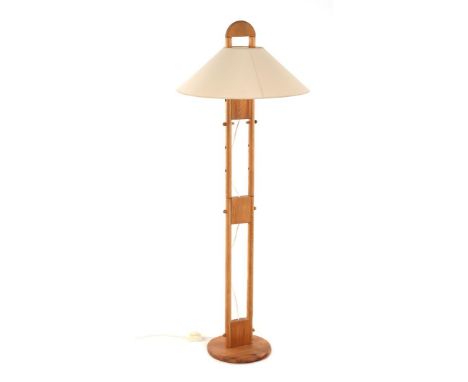 Pine wood adjustable floor lamp with upholstered shade,&nbsp;executed by&nbsp;+LYS, Denmark, second half of the 20th century,