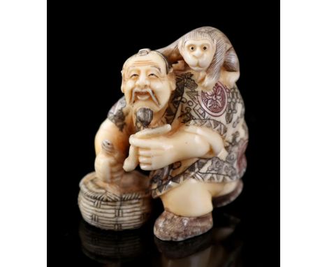 Ivory netsuke of man with basket and monkey on back, signed, with EU certificate 24NL326113/20, Japan Taisho period ca. 1920,
