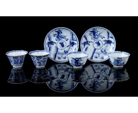 2 porcelain cups and saucers with blue 'Romance of the Western Chamber' decor, China Kangxi period ca. 1720 (both cups glued,