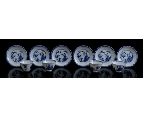 6 porcelain saucers and 4 cups with blue decor of a long frame on rock with a fool under a pine tree, Chenghua marked, China 