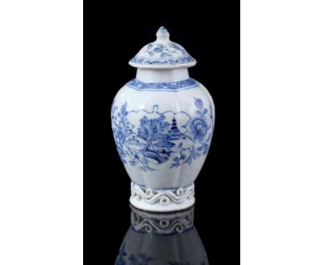 Porcelain tea caddy with blue floral decor and landscape in cartouche, China Qianlong period ca. 1760, 13 cm high (chips, 2 s