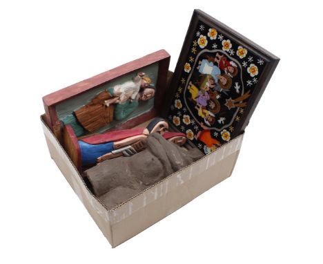 Box with ceramic torso, 32 cm high, South American terracotta statue, 24 cm high, glass-painted wall decoration with nativity