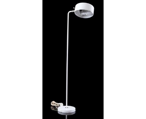 White aluminum 2-light floor lamp with adjustable shade, executed by Ateljé Lyktan, with factory sticker on the inside, Swede