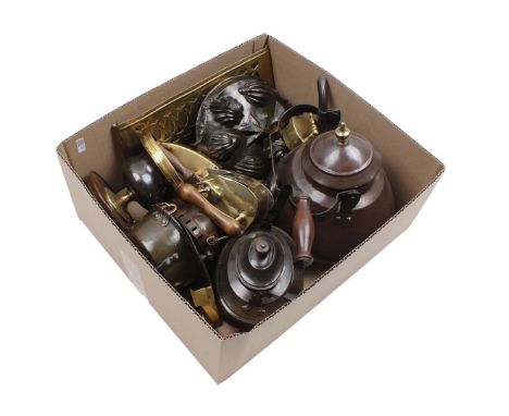 Box of various copperware including boilers, pipe comforters, irons, etc.