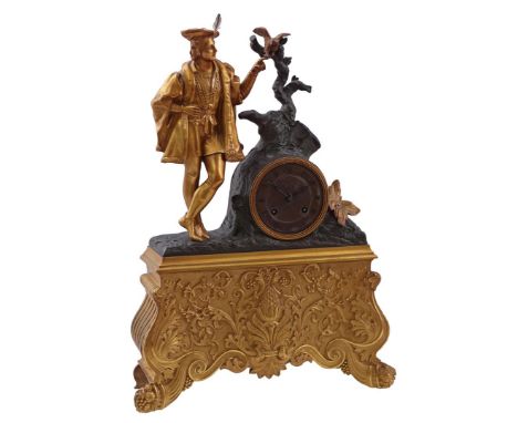 Ormolu mantel clock with falconer with falcon on top and beautifully decorated base case, 19th century, 45 cm high, 32 cm wid