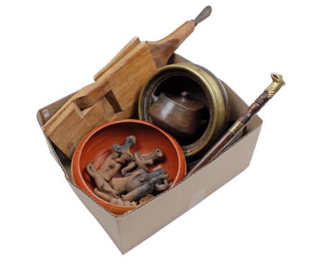 Box with wooden folding bench, wooden container with brass frame, ceramic bowl and lid container, ceramic figures, ceramic bo