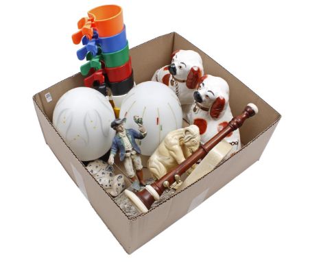 Various box including a set of earthenware window dogs, 22 cm high, 2 glass ceiling lamps from the 1960s, zamak statue of a m