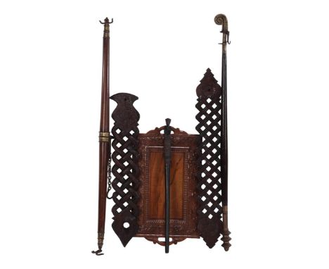 4 pieces of wood carving including oriental tray 60x35 cm, 2 planks, 76x14 cm and 89x13.5 cm, staff, 66 cm long, teak weighin