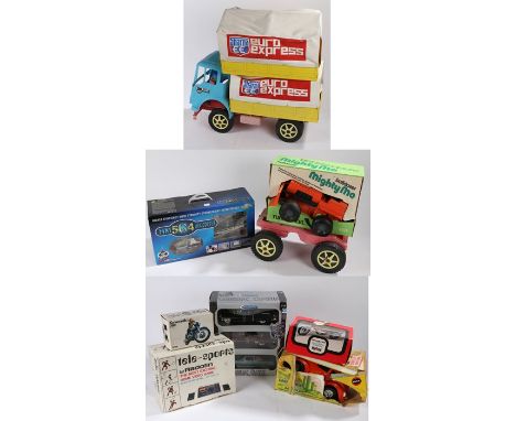 Radofin Tele-Sports, Baja Bug, Mighty Mo bulldozer, three 1:18 scale Cadillacs, dumper truck, Euro Express lorry with spare c