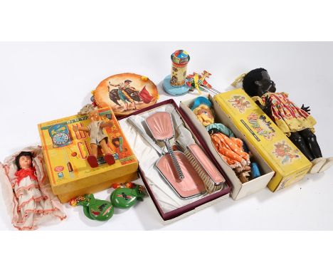 Pelham Puppet Mitzi, do it yourself wall clock, tinplate lighthouse with two rotating planes, all boxed, three dolls, two pai