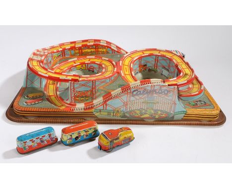 Coney Island Western German roller coaster toy with three clockwork carriages
