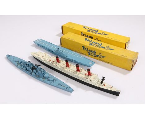 Triang Minic 1:1200 scale model ships, M.732 S.S. Varicella (boxed), M.752 H.M.S. Centaur (boxed), M.705 R.M.S. Aquitania, M.