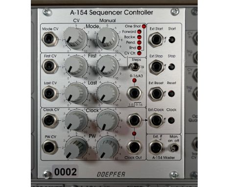 Doepfer A-154 Sequencer Controller Expands A-155 functionalities. Multiple sequence modes available. Clock division and volta