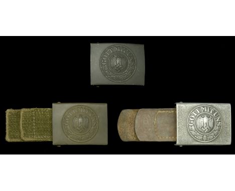 German Second World War Army Buckles. Three buckles, comprising a One-piece stamped steel, maker stamped ‘OTD 1940’ all deep 