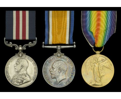 A Great War ‘Western Front’ M.M. group of three awarded to Private G. Perrin, 9th Battalion, East Surrey Regiment, who was ca