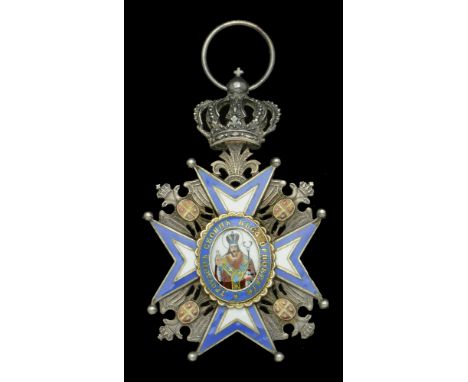 Serbia, Kingdom, Order of St. Sava, Knight’s breast badge, 65mm including crown suspension x 43mm, silver and enamel, Bishop 