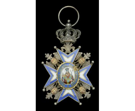 Serbia, Kingdom, Order of St. Sava, Knight’s breast badge, 65mm including crown suspension x 43mm, silver and enamel, Bishop 