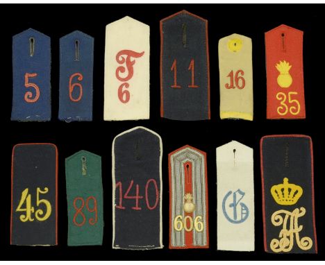 Imperial German Shoulder Boards. 12 coloured examples, comprising Train Battalion 5. Train Battalion 6. Jager Battalion 89. D