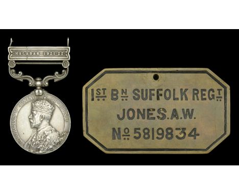 India General Service 1908-35, 1 clasp, Malabar 1921-22 (5819834 Pte. A. W. Jones. Suff. R.); together with a brass ‘Bed Plat