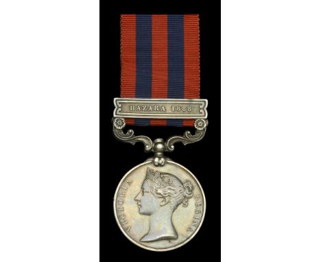 India General Service 1854-95, 1 clasp, Hazara 1888 (276 Pte J. Button 1st Bn Suff. R.) toned, suspension slack, good very fi