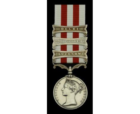 Indian Mutiny 1857-59, 3 clasps, Delhi, Relief of Lucknow, Lucknow (Farrier T, Powner. 1st. Bde. Bengal H.Art.) RoL clasp fac