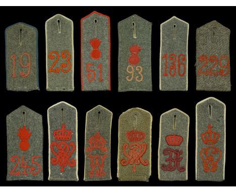 Imperial German Shoulder Boards. 12 individual Field Grey examples, comprising Saxon Infantry Regiment 104. Infantry Regiment