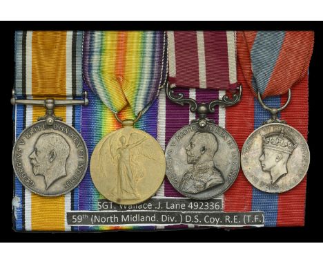 Four: Sergeant W. J. Lane, Royal Engineers  British War and Victory Medals (492336 Sjt. W. J. Lane. R.E.); Army Meritorious S