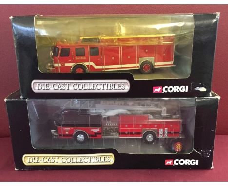 2 boxed Corgi Fire engines. Boston E-One Rescue and E-One 75ft ladder Bartlett, Illinois 