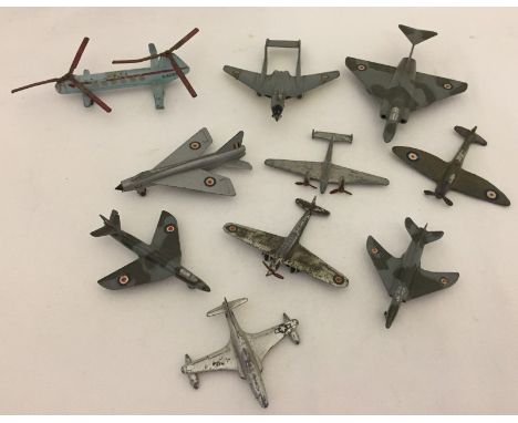 A box of 10 Dinky diecast military planes. To include Gloucester Javelin #735, Sea Vixen #788, and Bristol helicopter #715. 