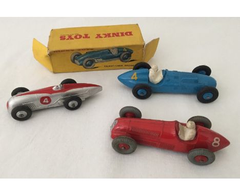 3 vintage Dinky racing cars. Comprising boxed Talbot-Lago #230 (23k - box poor), and unboxed Alfa-Romeo 23f, and Racing Car #