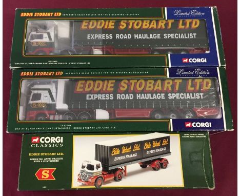 3 boxed Corgi Eddie Stobart lorries. A limited edition DAF XF Super space Cab curtain side CC13201, a Limited Edition Man TGA