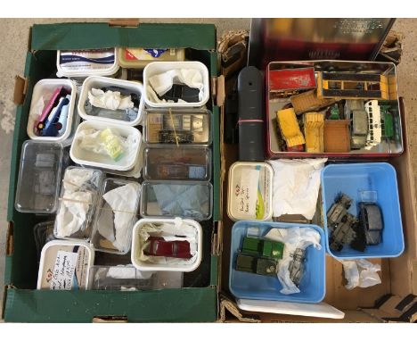 2 boxes of part restored Dinky & Corgi diecast cars & spare parts. To include repainted & stripped body shells and spares. 