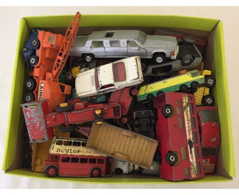 Box of play worn diecast cars. To include: Dinky,  Corgi & Matchbox. 