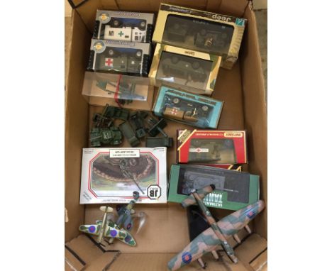 A box of boxed & unboxed military diecast. To include Corgi, Matchbox, Cararama, Victoria, Ultimate Tank, & Dinky. 