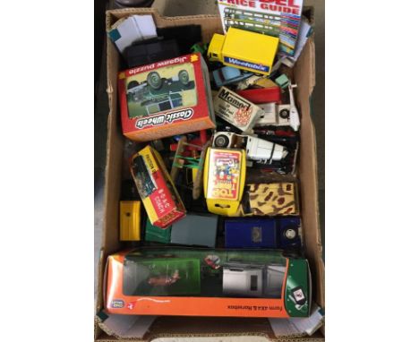 A box of mixed diecast to include a boxed Chad Valley Farm 4x4 & Horsebox.  