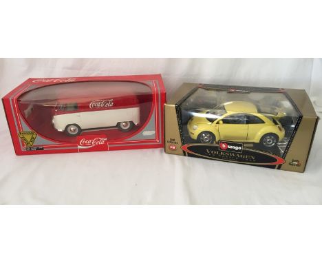 2 Volkswagen 1:18 scale vehicles. A Volkswagen Coca-Cola delivery van with a Bburago Volkswagen Beetle car. 