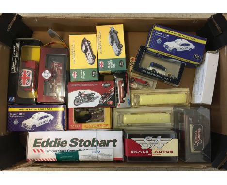 A box of approx. 16 boxed diecast cars, buses, & trucks. To include Atlas Editions sports cars and Eddie Stobart. 