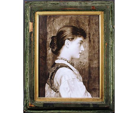 STYLE OF EDWARD JOHN GREGORY,  Pre-Raphaelite style portrait of a young lady, monochrome on a porcelain plaques, monogrammed 