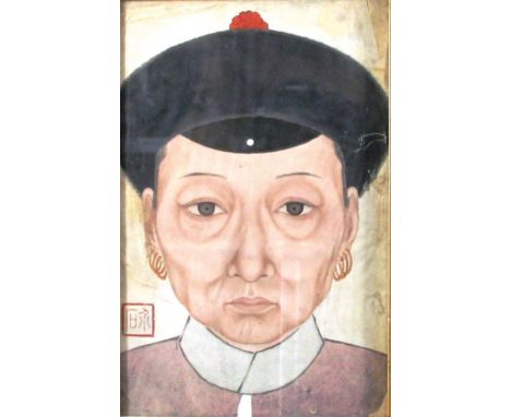 TWO CHINESE ANCESTRAL PORTRAITS,  he in a peaked cap she with earrings and a head piece, watercolours, various red seal marks