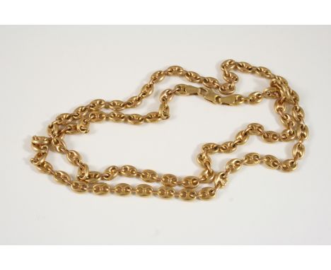 A 9CT. GOLD CHAIN LINK NECKLACE formed with oval-shaped pierced links, 60cm. long, 14 grams.