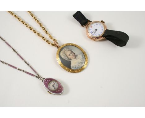 A SWISS ENAMEL WATCH the circular dial with Arabic numerals, with mauve foliate decoration to the bezel and reverse, on a mau