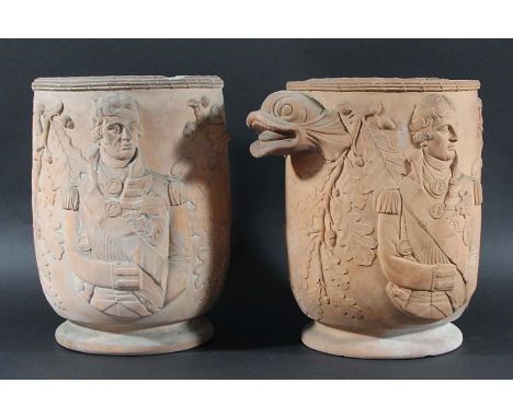 NELSON INTEREST: PAIR OF DAVENPORT TERRACOTTA WINE COOLERS, moulded in high relief with a portrait of Nelson before oak leave